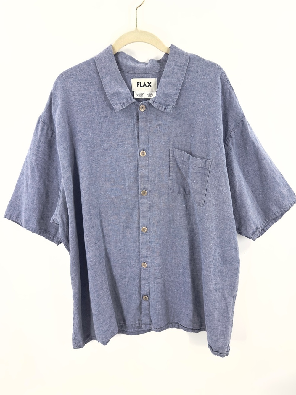 Flax 100% Linen Button Up Shirt Mens Large Short Sleeve Beach Casual Washable